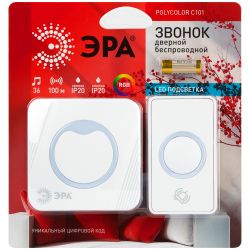 Звонок дверной ЭРА POLYCOLOR C101 беспроводной RGB подсветка от сети белый 36 мелодий | Электротовары