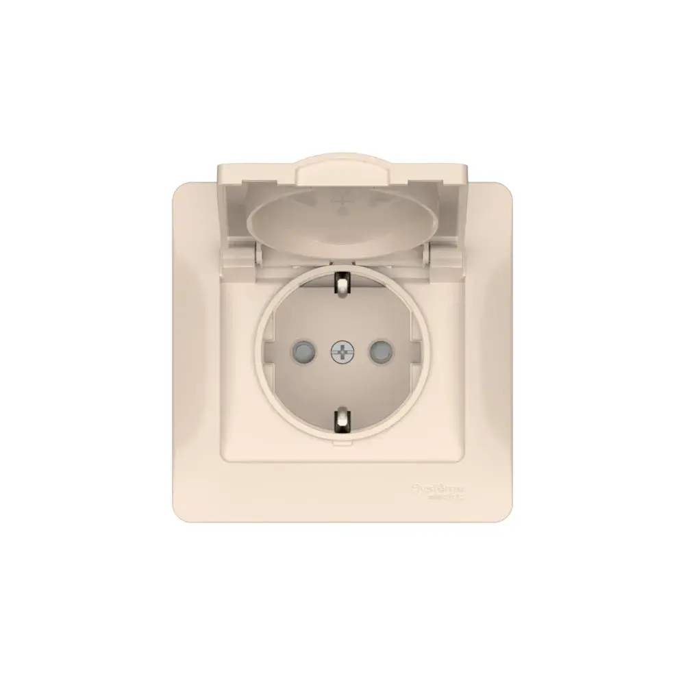 GLOSSA РОЗЕТКА с заземлением со шторками с крышкой, 16А, IP20, в сборе, быстрозажим. клем., БЕЖЕВЫЙ