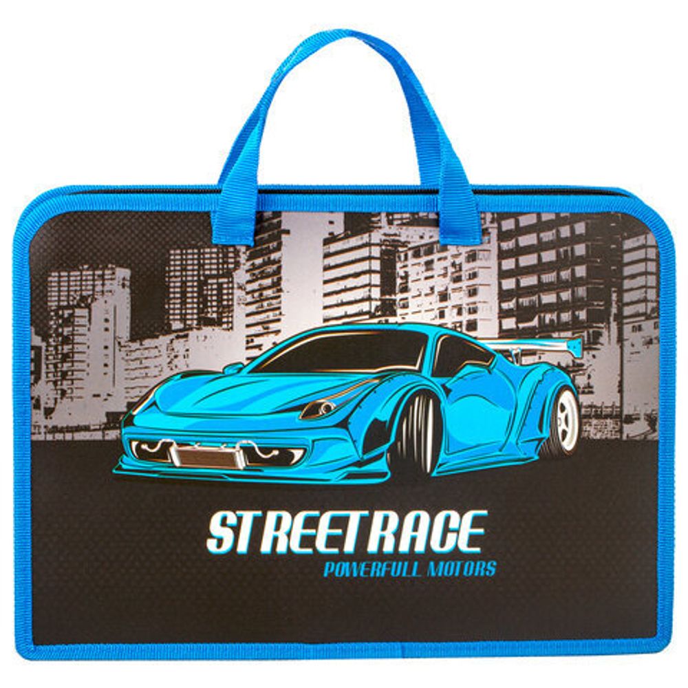 Папка с ручками ПИФАГОР А4, 1 отделение, пластик, молния сверху, 40 мм, SuperCar, 270331