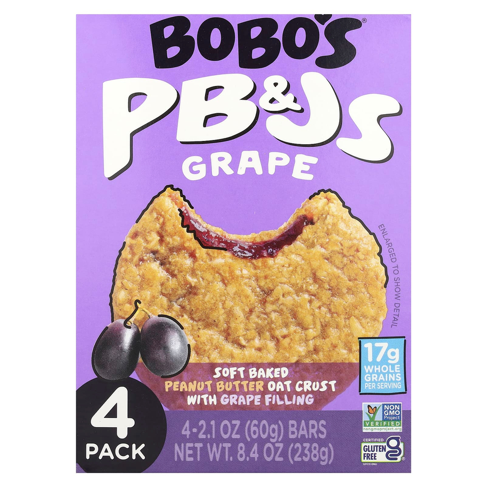 Bobo's Oat Bars, PB & Js, виноград, 4 батончика по 60 г (2,1 унции)
