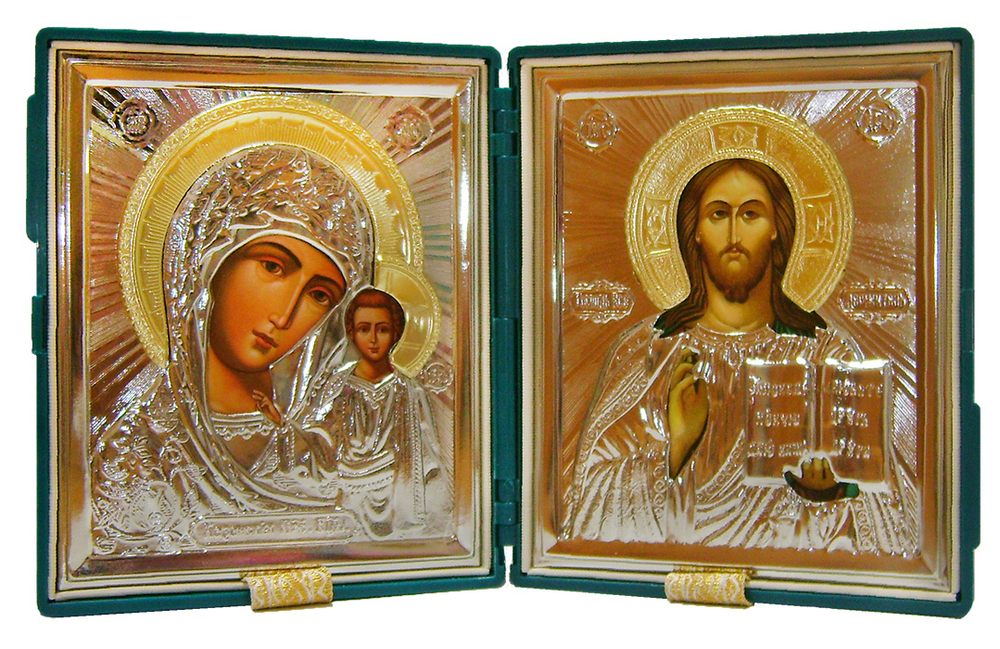 Складень двойной в футляре "Пресвятая Богородица Казанская-Спаситель"11х13 пластмасса