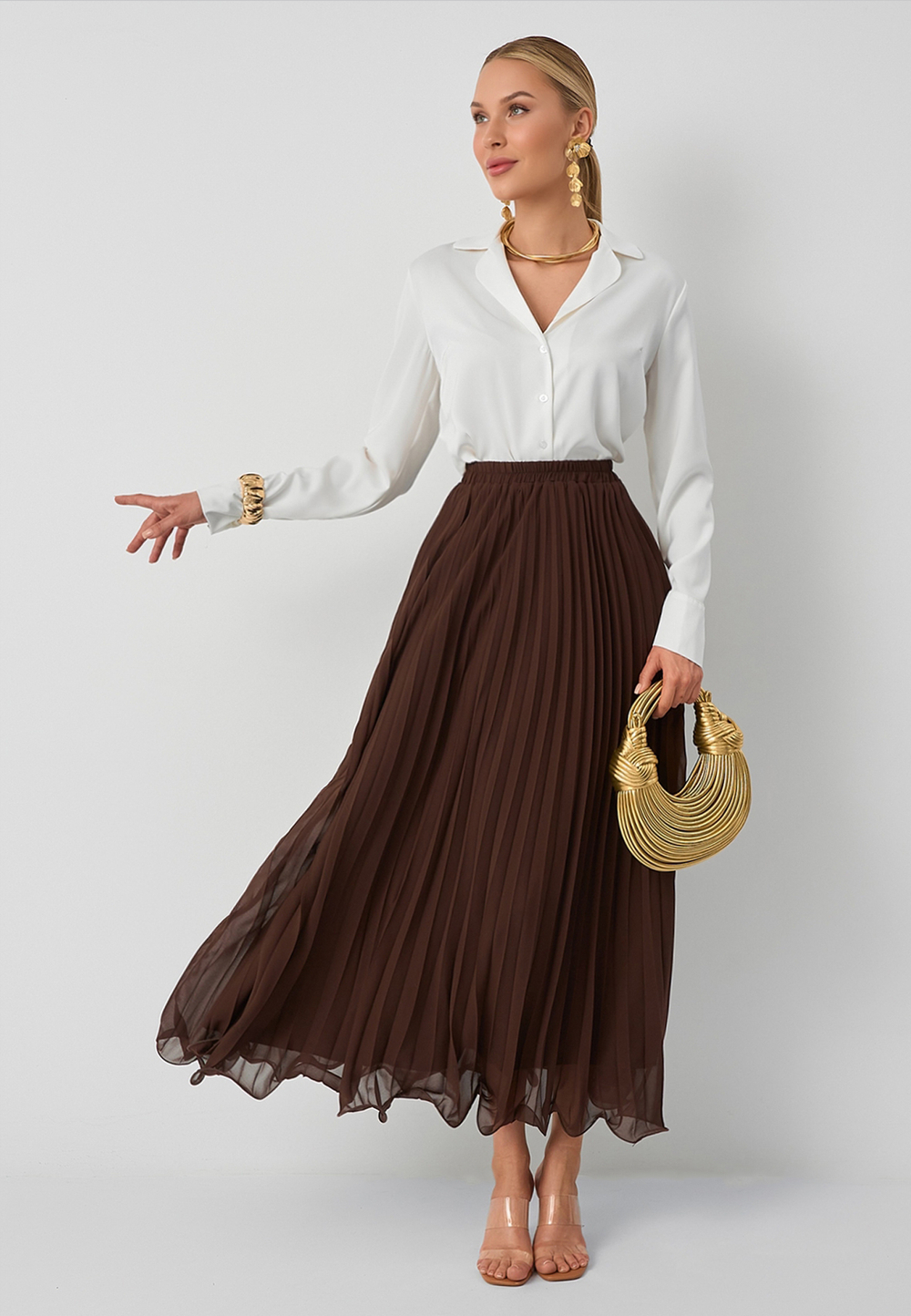 Юбка плиссе макси 100 коричневая