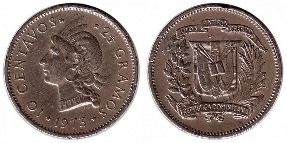 Доминикана 10 сентаво, 1967 - 1975 Индеец XF