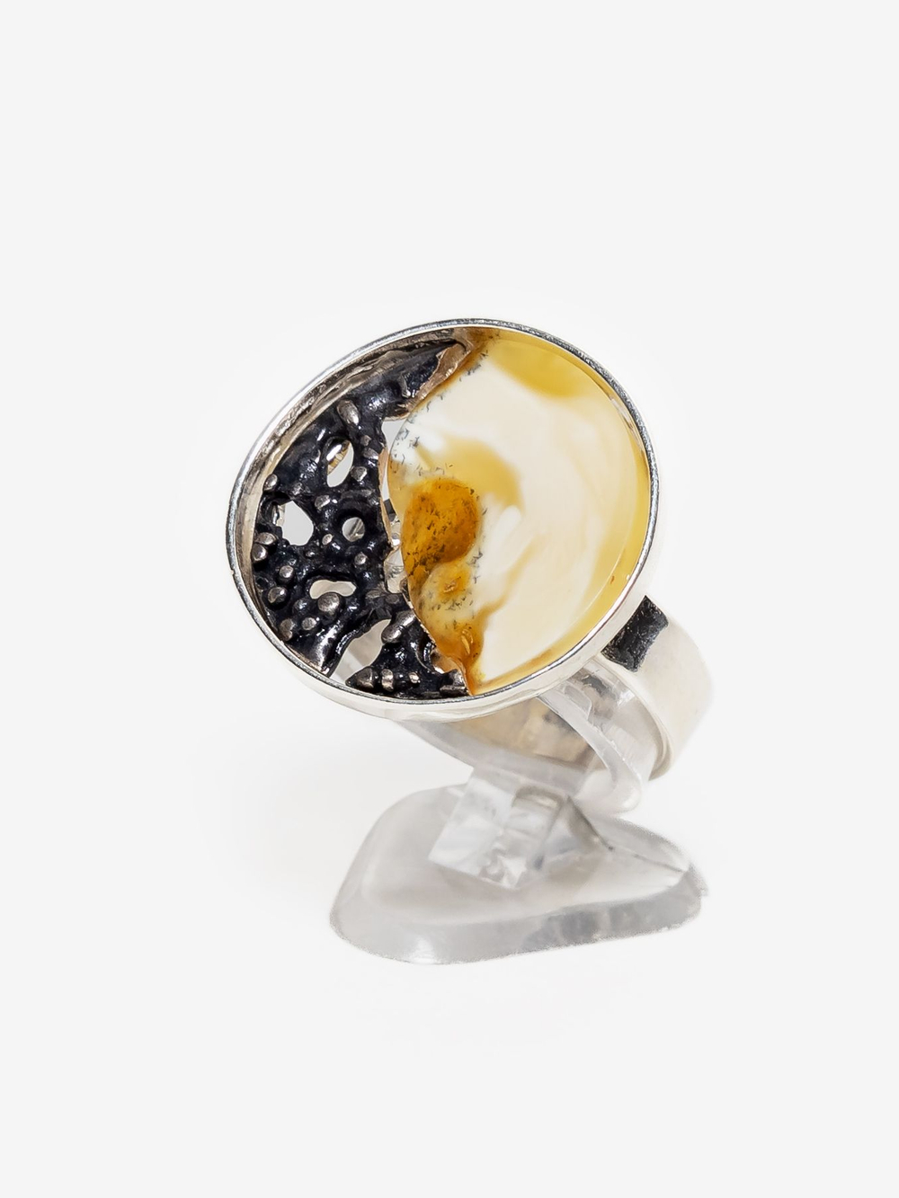 Уникальный серебряный комплект с цельным пейзажным янтарем, серебро 925 пробы