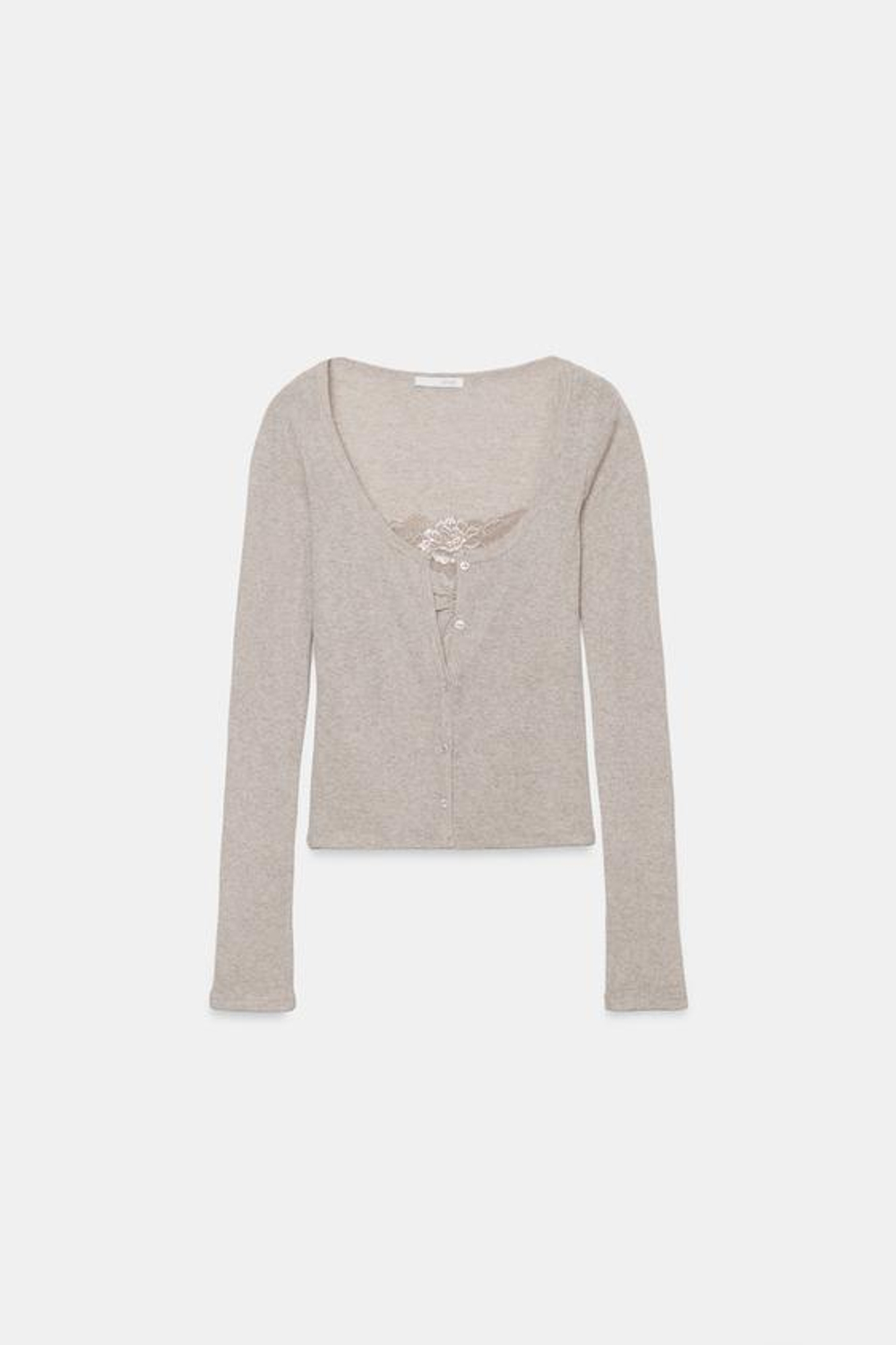 ZARA КАРДИГАН С КОНТРАСТНЫМ КРУЖЕВНЫМ ТОПОМ, ПЕСОЧНЫЙ МЕЛАНЖ