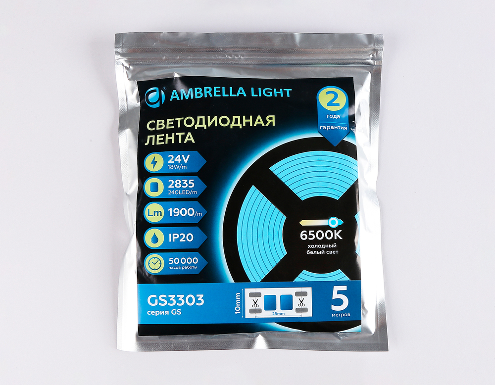 Светодиодная лента GS3303 2835 240Led/ 18W m/ 24V IP20 6500K/ 5000*10*1.2mm/ кратность резки 25mm (2 конт.)