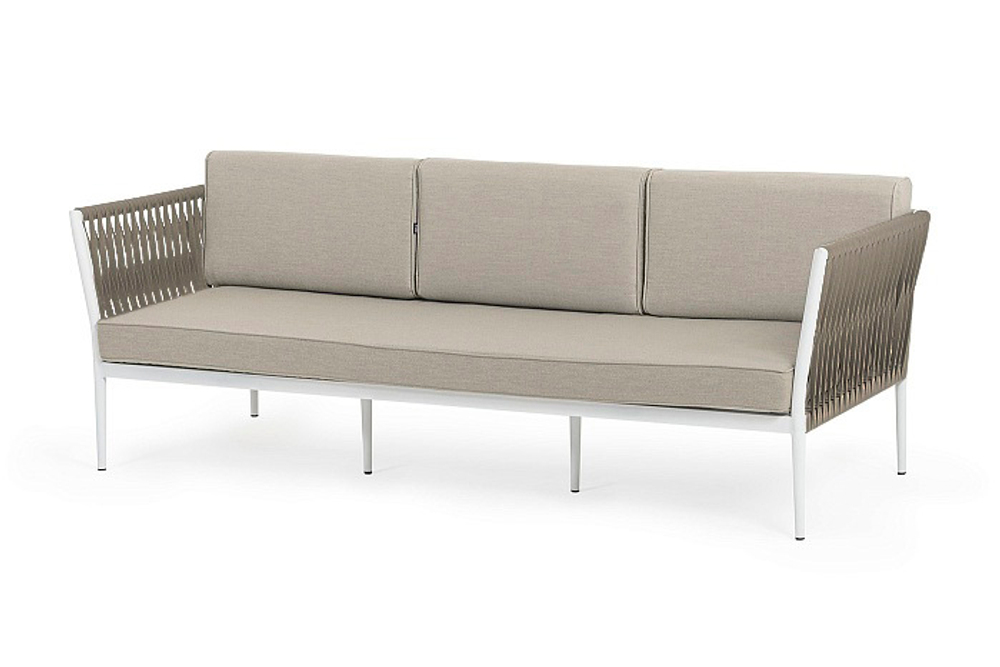"Касабланка" диван 3-местный плетеный из роупа, каркас алюминий светло-серый (RAL7035) муар, роуп серо-коричневый 23мм, ткань бежевая 15052