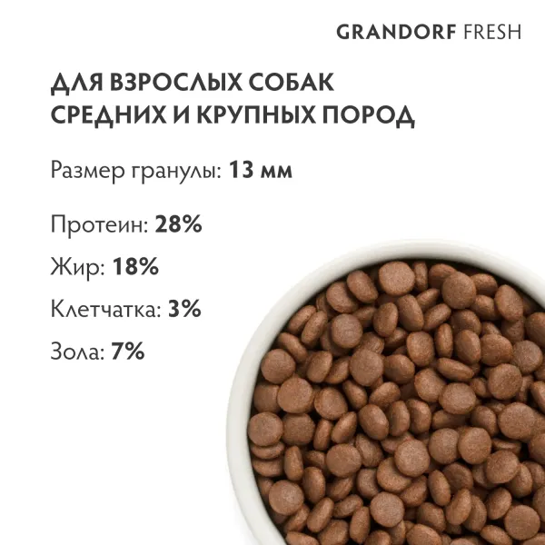Уценка! Срок 27.07.26/ Сухой корм GRANDORF Fresh Dog Adult MED&MAXI Salmon&Sweet Potato для собак средних и крупных пород из свежего филе лосося с бататом