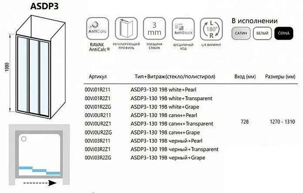 Душевой уголок Ravak Supernova ASDP3+APSS 130х80 профиль черный/стекло прозрачное