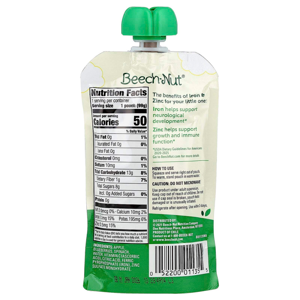 Beech-Nut, Смесь фруктов и овощей, железо и цинк, от 12 месяцев, яблоко, голубика и шпинат, 99 г (3,5 унции)