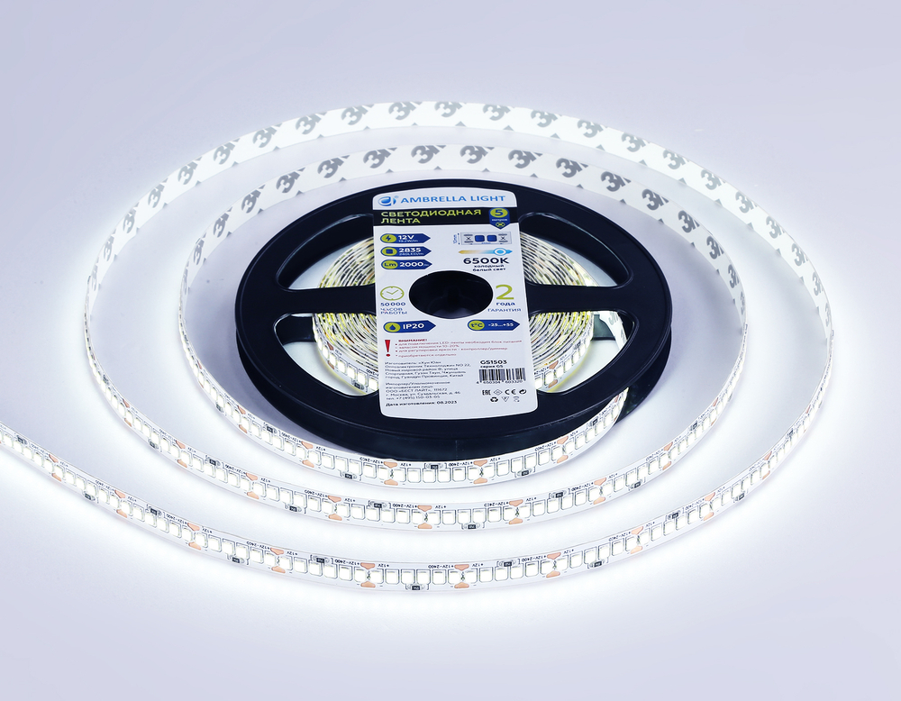 Светодиодная лента GS1503 2835 240Led/ 19.2W m/ 12V IP20 6500K/ 5000*10*1.2mm/ кратность резки 25mm (2 конт.)