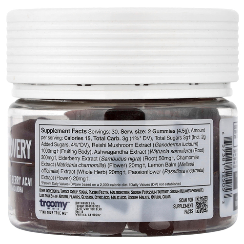 Troomy Nootropics, Recovery, Functional Mushrooms Gummies, Harvest Berry Acai, 60 Gummies, 9.52 oz (270 g)
