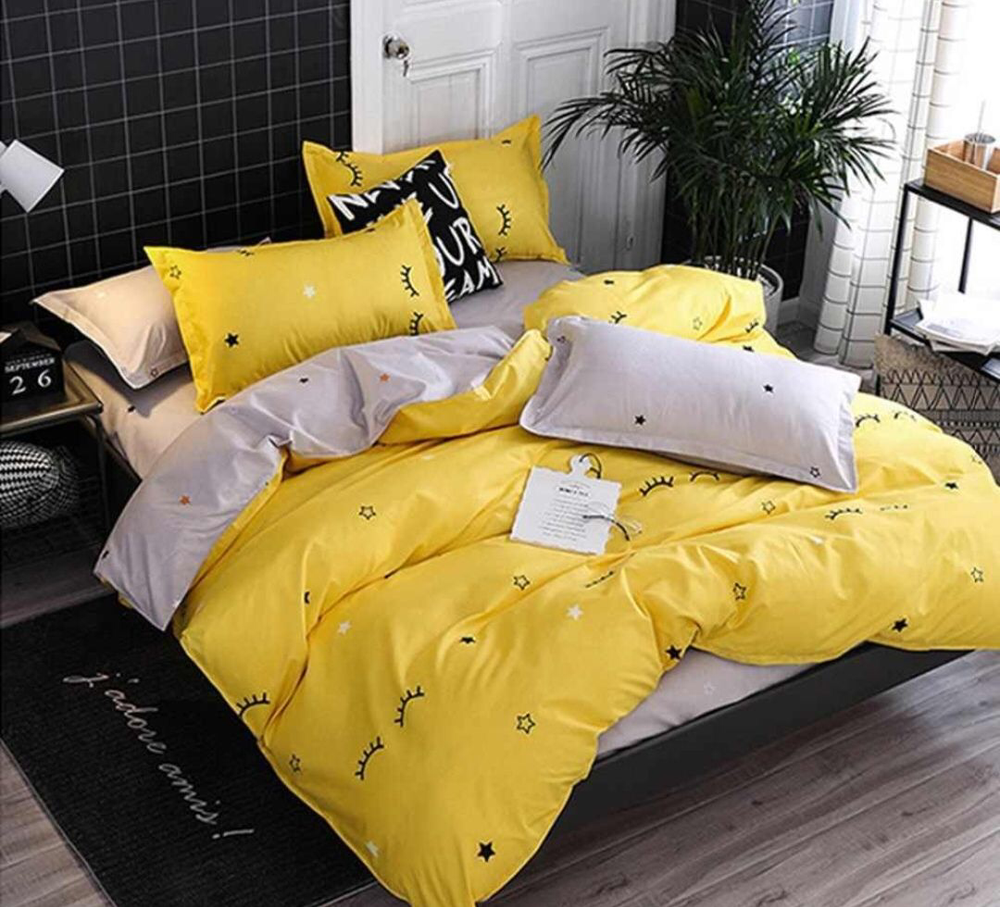 2-спальное постельное белье из поплина Желтое с глазками (простыня на резинке)