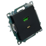 Розетка 2-местная USB + type C (механизм), STEKKER GLS10-7116-05, 250B, 3А, серия Катрин, черный 50055
