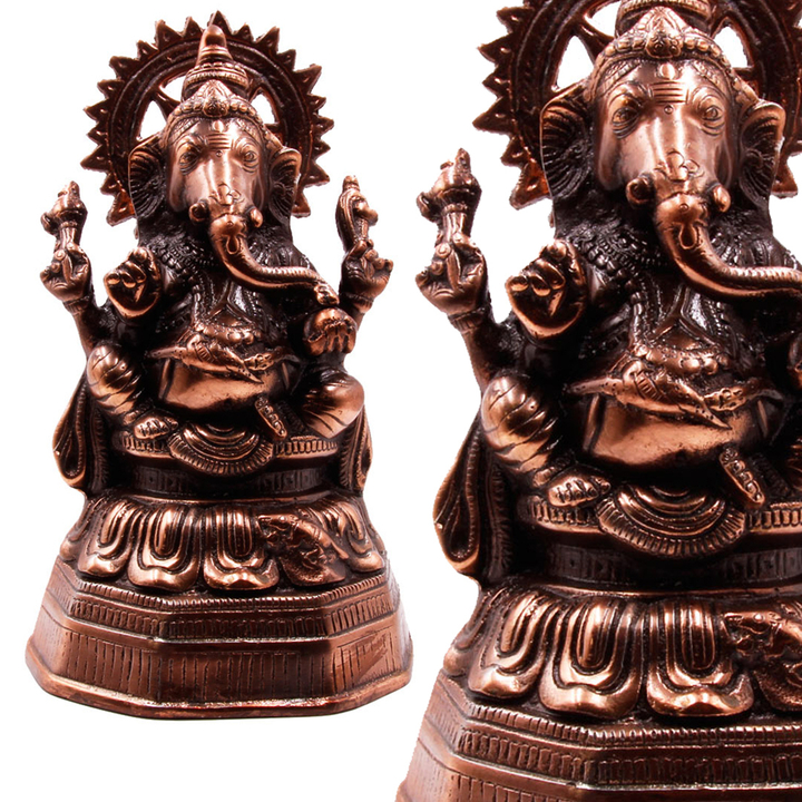 Статуэтка Ганеш на лотосе, Солнце металл силумин (Символ процветания через мудрость) 17x29 см