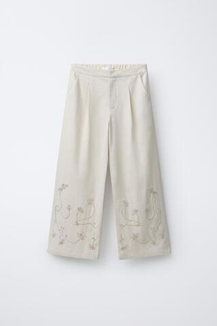 ZARA ШИРОКИЕ БРЮКИ С ВЫШИВКОЙ БИСЕРОМ, СВЕТЛО-БЕЖЕВЫЙ