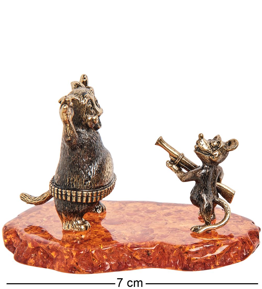 Народные промыслы AM-1785 Фигурка «Мышь с ружьем» (латунь, янтарь)