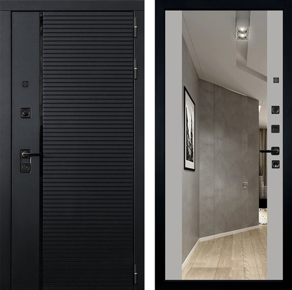Входная дверь собранная в квартиру Лекс Гранд черный кварц / Большое зеркало № 116 грей софт ( светло- серый , без текстуры)