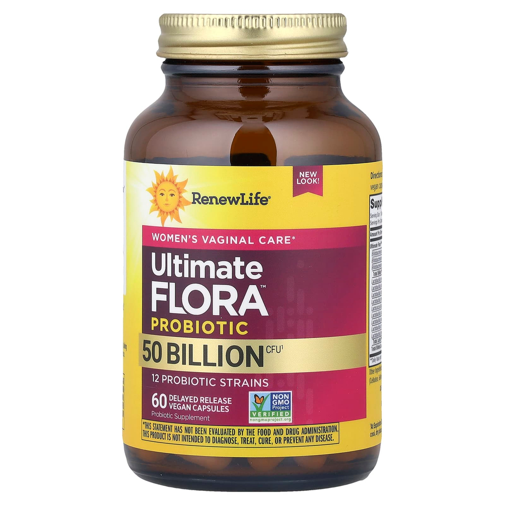 Renew Life, Ultimate Flora™, пробиотик, 50 млрд КОЕ, 60 веганских капсул с отсроченным высвобождением