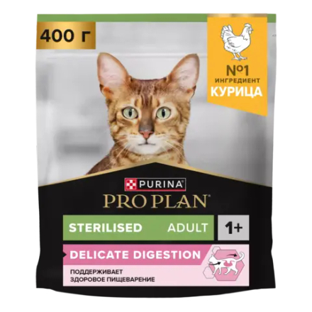 Сухой корм PURINA Pro Plan для стерилизованных кошек с чувствительным пищеварением, курица и рис - 0,4 кг