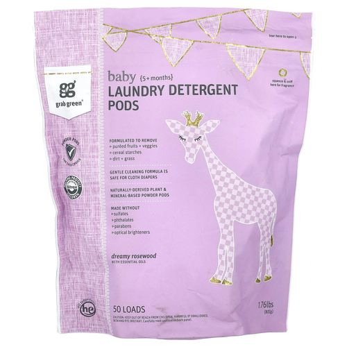 Grab Green, капсулы со стиральным порошком, для малышей в возрасте от 5 месяцев, сказочное розовое дерево с эфирными маслами, 50 загрузок, 800 г (1,76 фунта)