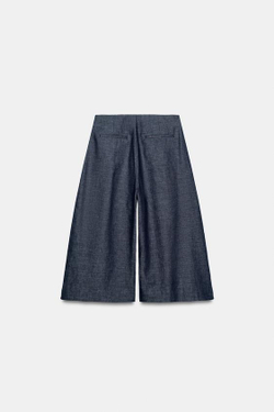 ZARA УДЛИНЕННЫЕ ШОРТЫ ИЗ ЛЬНА С ПУГОВИЦАМИ, ИНДИГО