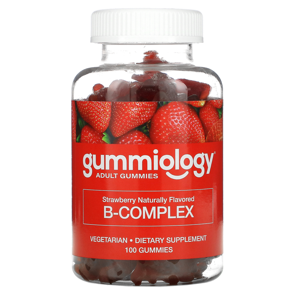 Gummiology, жевательные таблетки с комплексом витаминов B, без желатина, с натуральным клубничным вкусом, 100 вегетарианских жевательных таблеток