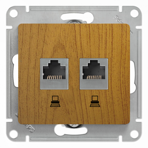 Schneider Electric Glossa Дерево Дуб Розетка 2-местная компьютерная RJ45+RJ45, категория 5E, механизм IP20 скрытая установка GSL000585KK