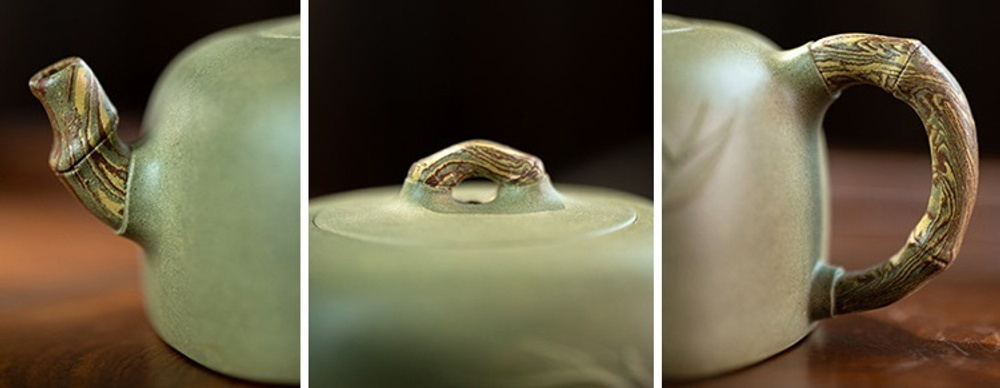 316029 Чайник ИСИН "4-сторонний бамбуковый" 300мл, в подар.коробке, глина зелёный/жёлтый/коричн.