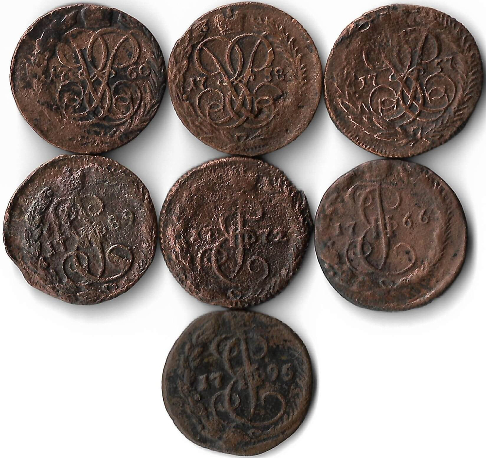 Набор медных монет 1757-1795 года (7 монет) Денга ЕМ (VG-F)