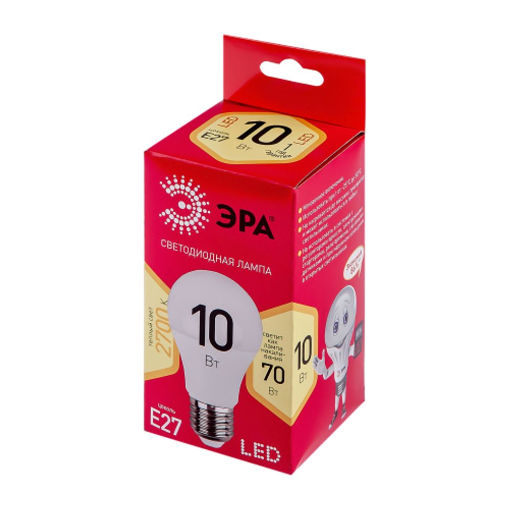 Лампа светодиодная ЭРА RED LINE LED A60-10W-827-E27 R E27 / Е27 10 Вт груша теплый белый свет | Лампы cветодиодные Груша (A)