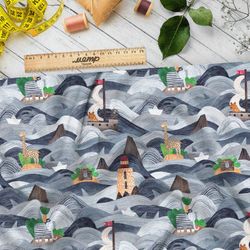 Ткань шелк Армани морские объекты на волнах