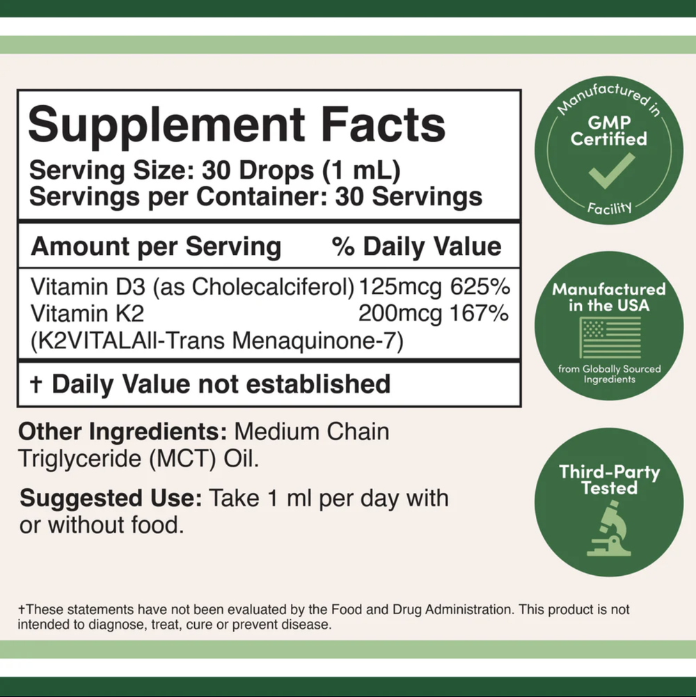 Double Wood Supplements - Vitamin D3 + K2 Liquid - 5000 IU D3, 200 mcg K2 / mL, 30 servings