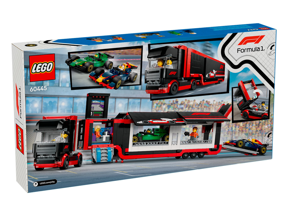 LEGO City 60445 — грузовик F1 с автомобилями RB20 и AMR24, паддок и пит-стоп