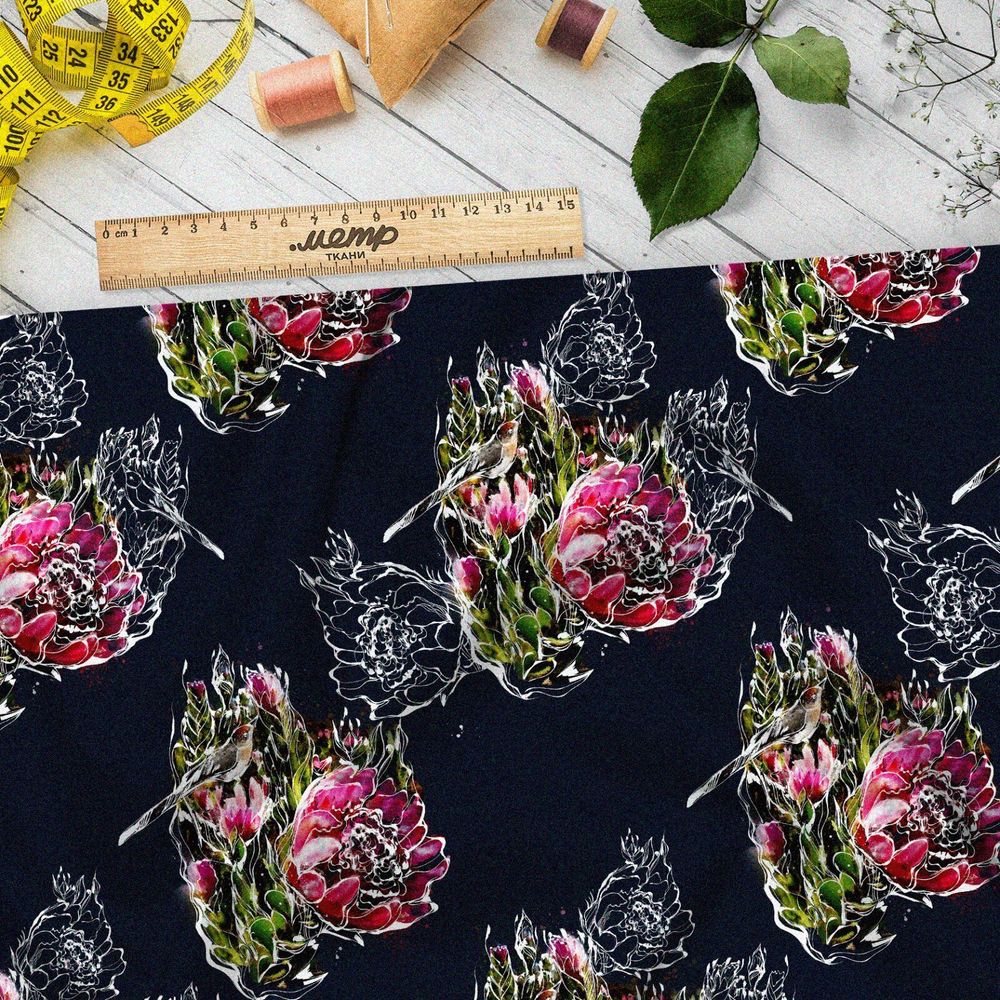 Ткань дюспо цветы розовые с белым контуром
