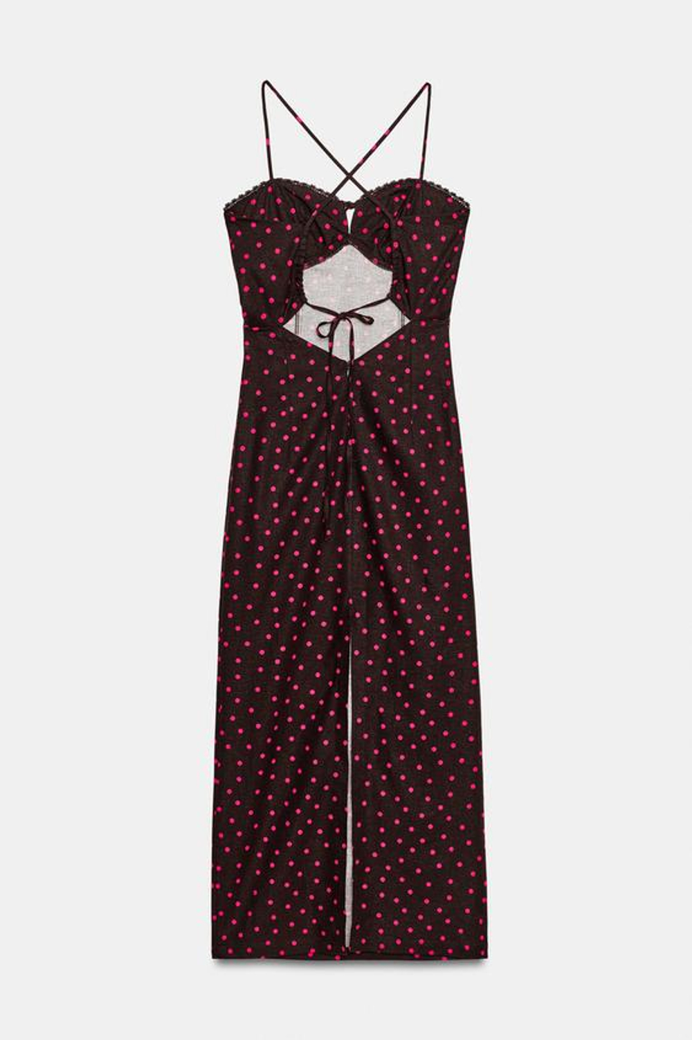 ZARA ЛЬНЯНОЕ ПЛАТЬЕ МИДИ В ГОРОШЕК, КОРИЧНЕВЫЙ