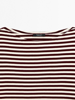 Massimo Dutti Футболка в полоску с деталью внахлест на плечах, бургундский
