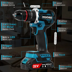 MOORII Шуруповерт, 21 В, 100 Нм, 2 АКБ