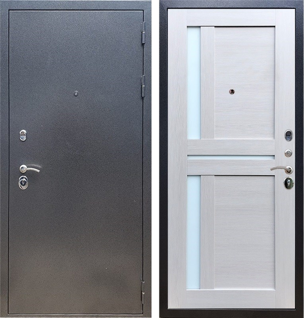 Входная металлическая дверь RеX (РЕКС) 11 Практик Антик серебро / СБ-18 Лиственница бежевая, белые  стекла