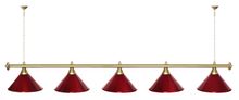Лампа STARTBILLIARDS 5 пл. (плафоны красные,штанга голубая,фурнитура золото)