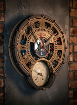 Настенные часы WOODandROOT Automaton 1722 с метеостанцией и барометром в корпусе с открытым механизмом — латунные винты и эстетика лофт