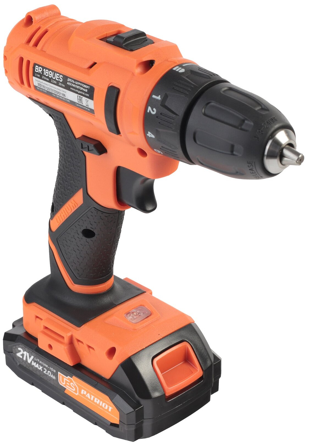 Дрель-шуруповерт акк.PATRIOT BR 189UES, две АКБ Li-Ion 18В, 2,0 Ач, 29Нм, кейс (180301549)