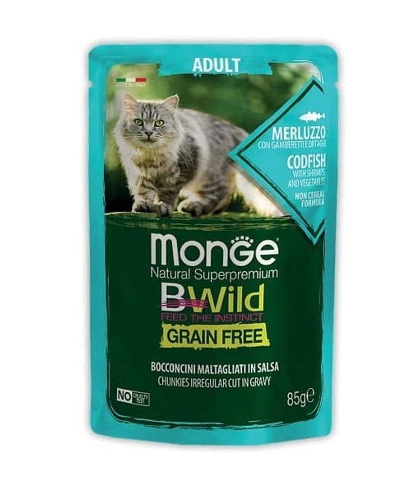 Monge Cat BWild GRAIN FREE паучи из трески с креветками и овощами для взрослых кошек 85г