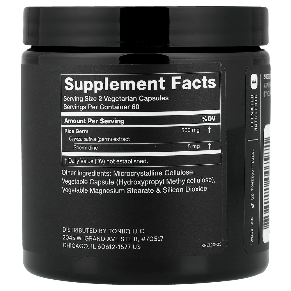 Toniiq, спермидин, 120 капсул (2,5 мг в 1 капсуле)