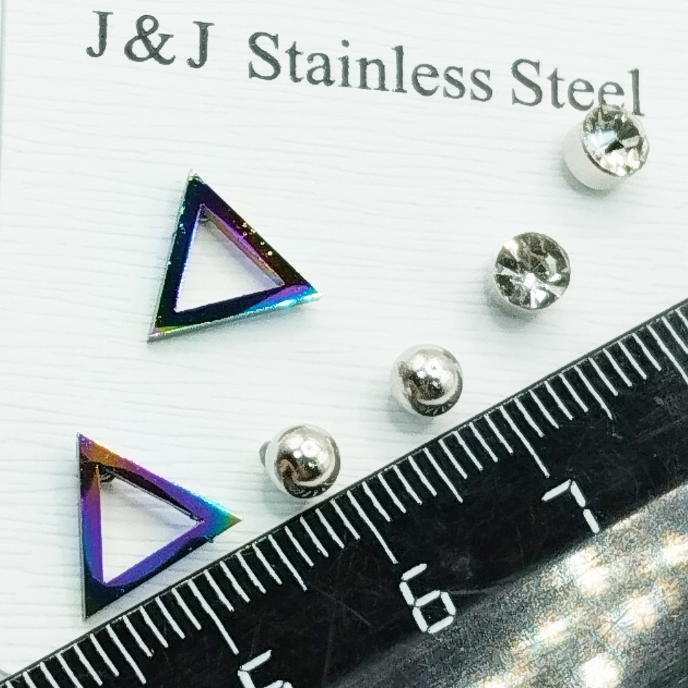 Серьги гвоздики (3 пары) "Треугольник, шарик, кристалл" сталь с покрытием