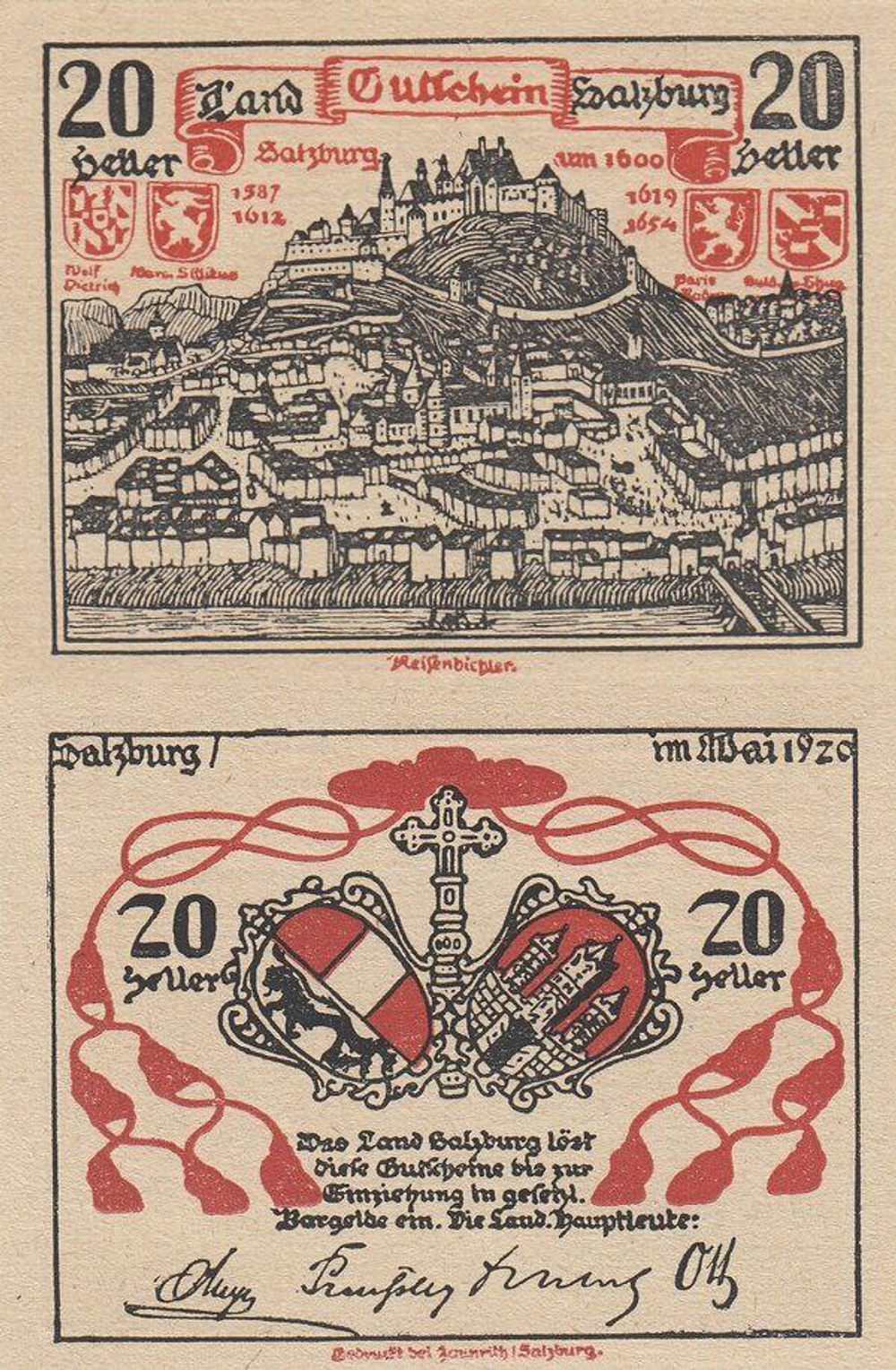 Австрия 20 геллеров 1920 Зальцбург UNC