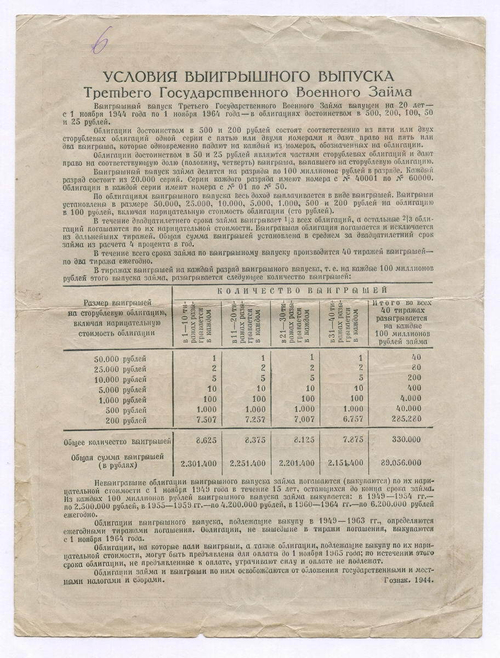 Третий государственный военный заем 1944 года. Облигация на сумму 100 рублей. VG-F