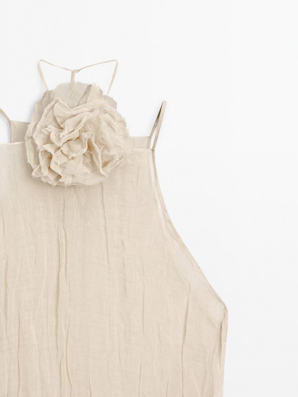 Massimo Dutti Топ с горловиной халтер и цветочным принтом, натуральный, кремовый