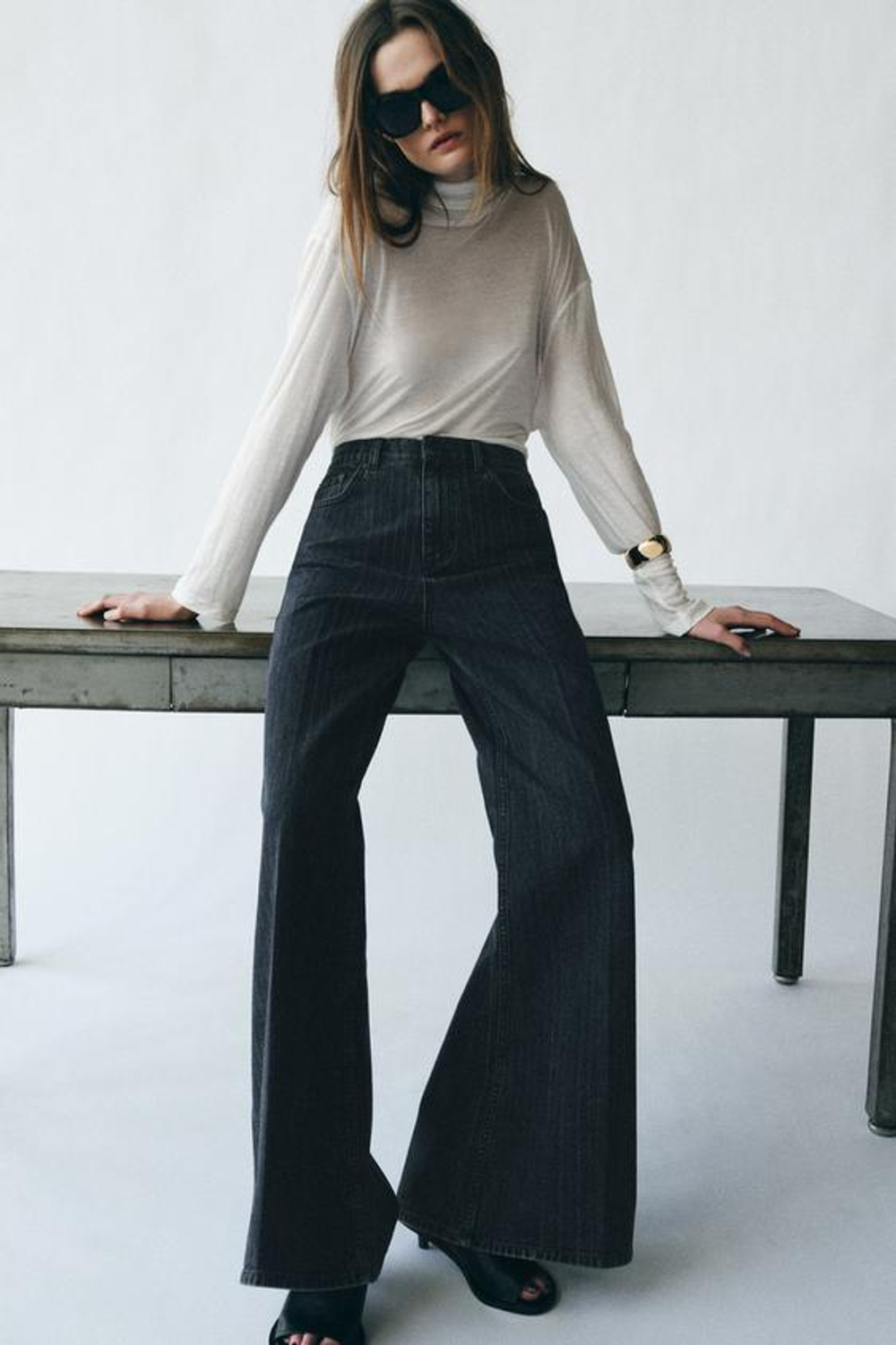 ZARA ДЖИНСЫ FLARE В ПОЛОСКУ С ВЫСОКОЙ ПОСАДКОЙ — ZW COLLECTION, МОРСКОЙ СИНИЙ