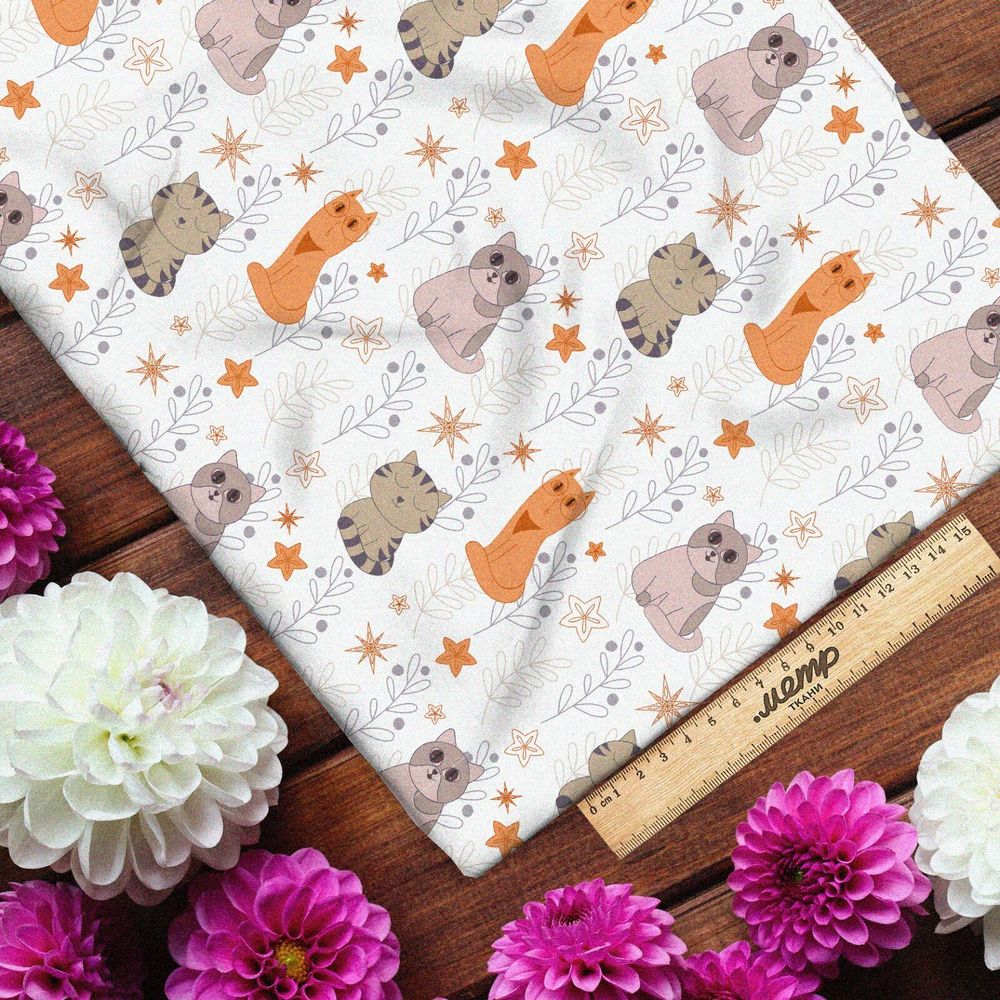Ткань лен коты мультяшные